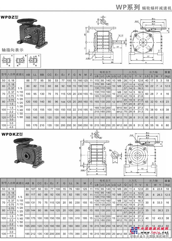 WPDZ、WPDKZ蜗轮减速机安装尺寸及重量