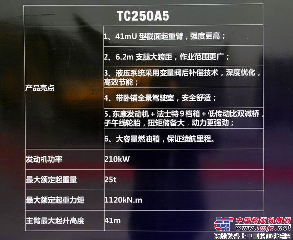 柳工國五新品TC250A5起重機的技術參數