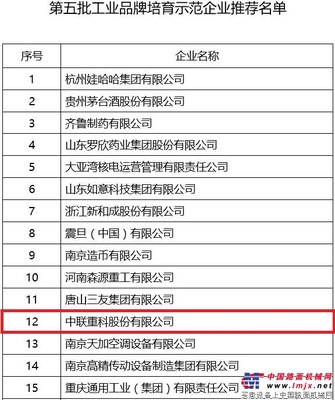 中联重科入选工信部第五批工业品牌培育示范企业 