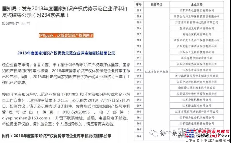 徐工：公司喜获“国家知识产权优势企业”称号